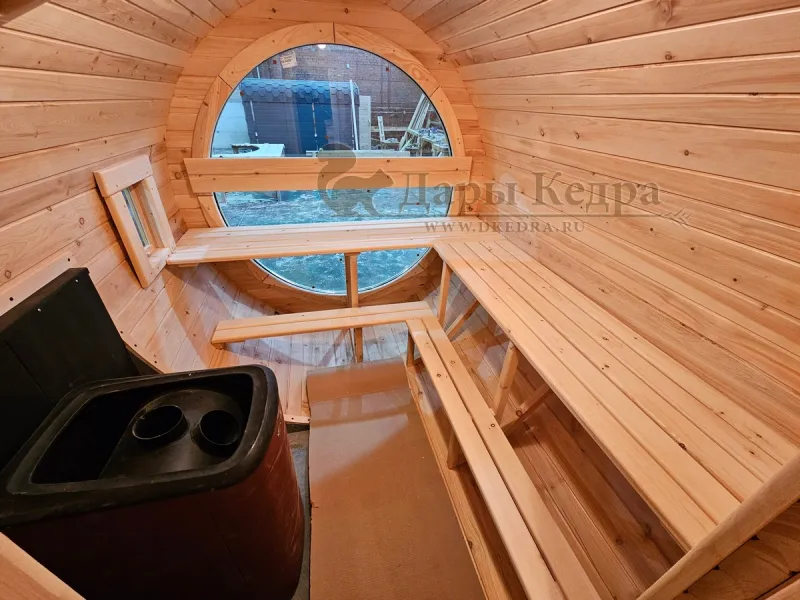 Баня-бочка «Орео» с боковым входом и панорамным окном